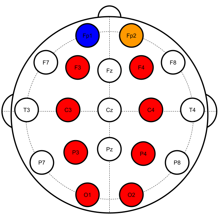 BrainAccess Standard Kit Setup - BrainAccess Standard BrainAccess setup. Electrode positions and corresponding channels on BrainAccess MINI